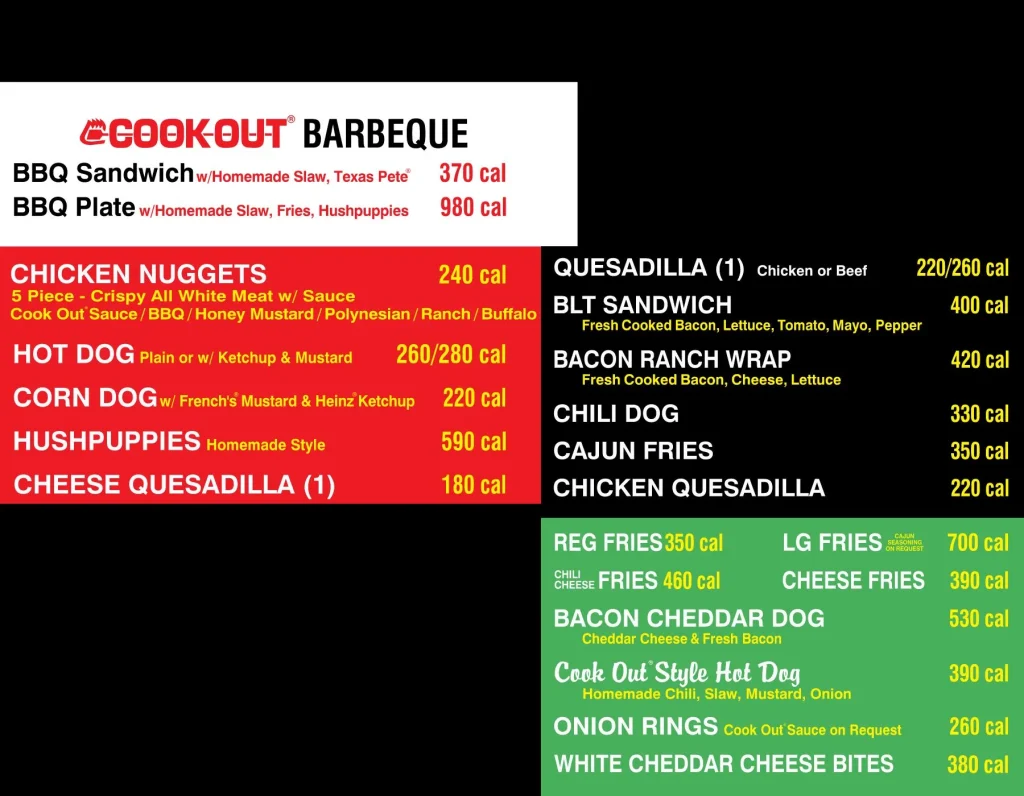 CookOut bbq menu and price list 