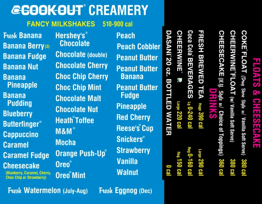 CookOut creamery menu and price list 